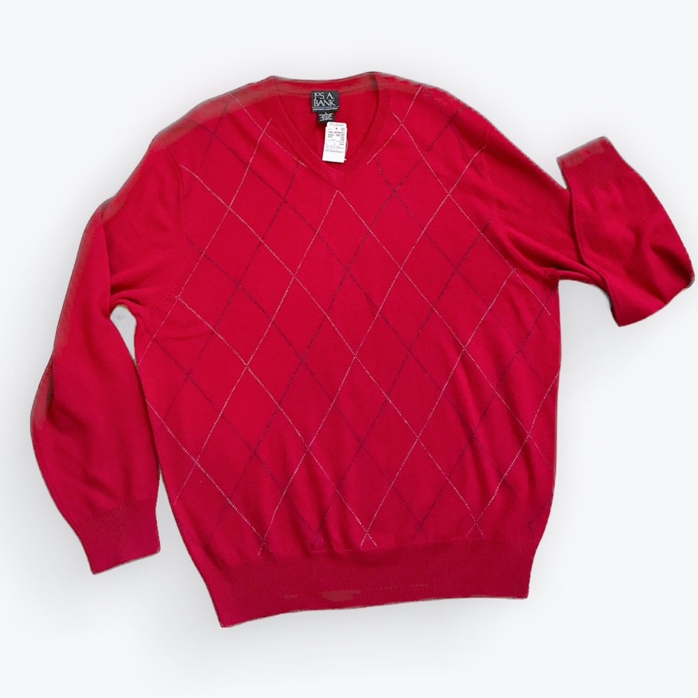 Jos. A. Bank V Neck Sweater Lambswool Red Gray Argyle Large